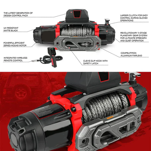 12V Electric Winch 13,500 LBS with Synthetic Rope & 2-in-1 Wireless Remote for Off-Road, Towing, and Trucks - Image 3